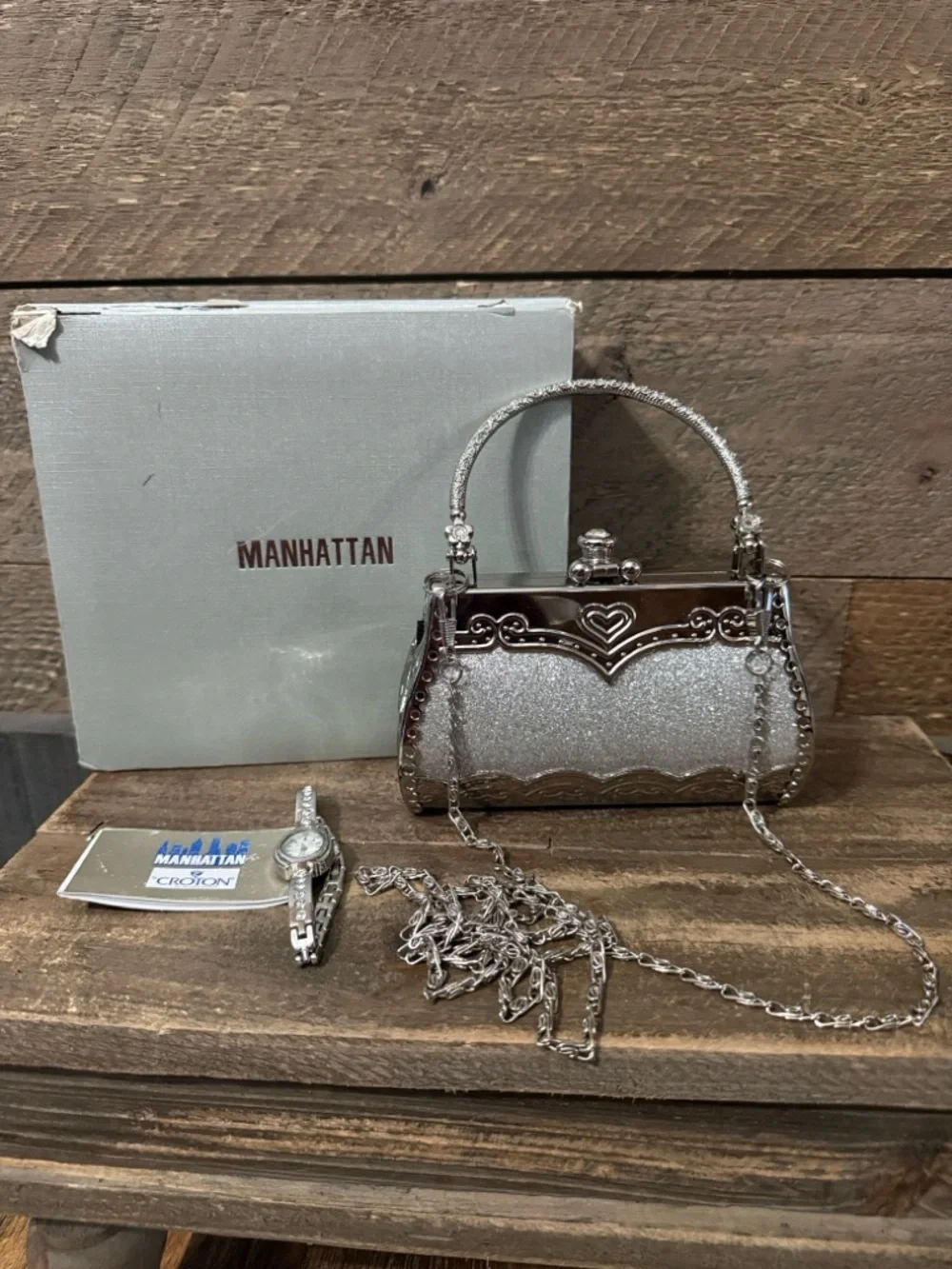 Manhattan by Croton Watch & Evening Bag Set Silver Rhinestone Like New w/ Box - Picture 2 of 14